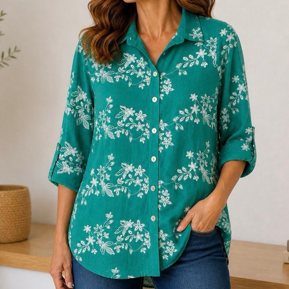 Ali Miles Sz Small LINEN BLEND Teal Green Tropical Wearable Art Blouse Shirt Top